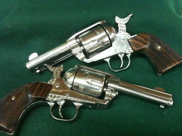 A pair of Sheriff's model Ruger Vaqueros with full race action job including 4 click half cock hammers, top gun jewelling package and gunfighter grips. Custom built for 2008 Midwest Regional Champion and 5 time Indiana State Champ Doc Molar.