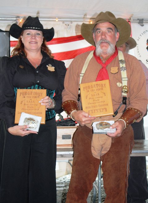 SASS NJ State Champions: Dancin Angel and Jesamy Kid. Both use Cowboy Gunworks guns.