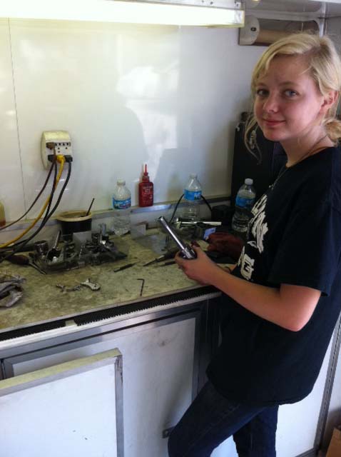 Little Ruby working in the trailer.