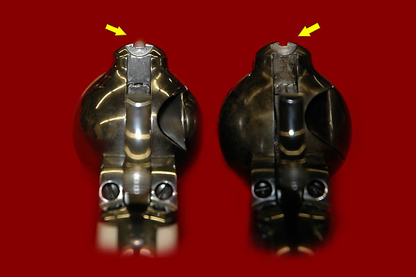Showing the milled out larger rear sight channel in the revolver on the left.
